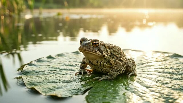 american toad close up on lake louise canada leaf at golden morning sunlight video 4K