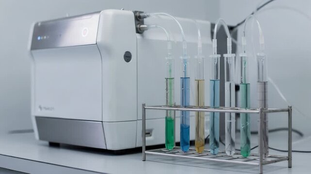 Medium shot of a chromatography system measuring polymer molecular weight distribution with sample tubes arranged neatly for precise process control analysis