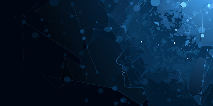 Human head silhouette with connected nodes and lines digital illustration