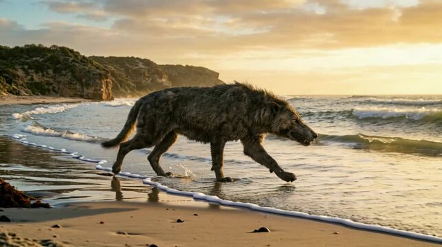 andrewsarchus walking on mongolian beach shore at golden morning sunlight video 4K