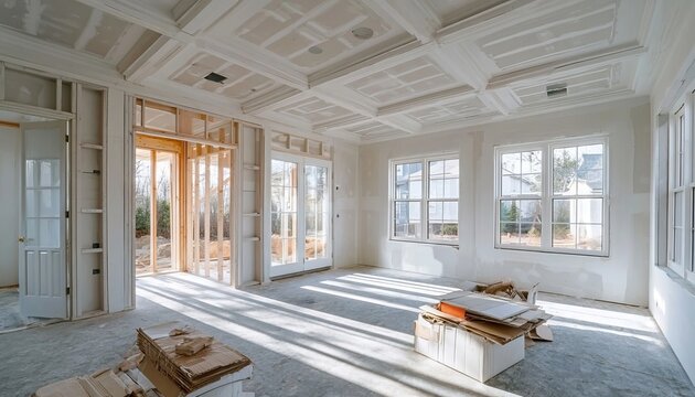 Luxury Residential Interior Construction Featuring Drywall Installation and Textured Ceiling Design