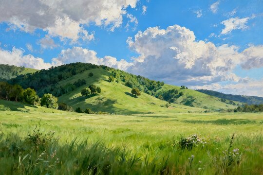Landscape painting of rolling green hills and blue sky