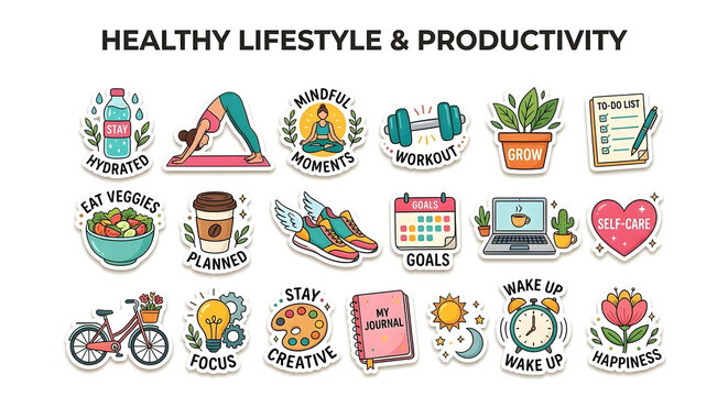 Healthy lifestyle and productivity digital sticker pack. Cute vector illustration set for journal and planner