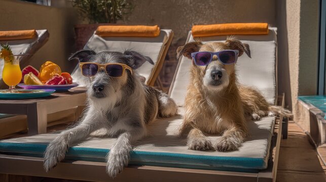 Dogs sunbathing on lounge chairs by the pool in a backyard on a sunny day Generative AI