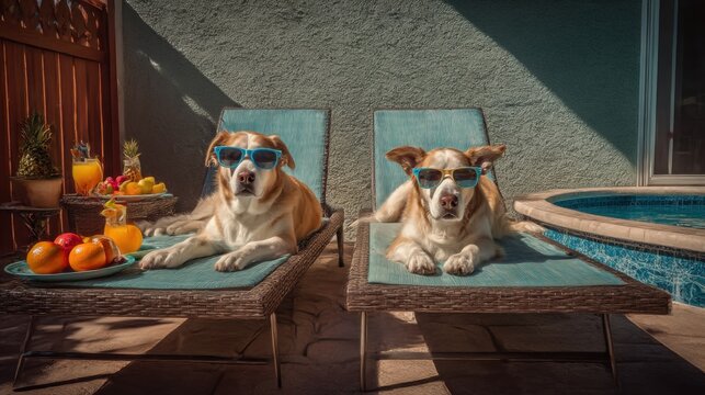 Dogs sunbathe on lounge chairs in backyard terrace with pool and fruit nearby Generative AI