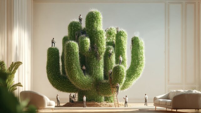 Giant cactus stands tall in living room as tiny people climb its surface Generative AI