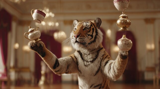 Realistic tiger juggles teapots and cups in a ballroom setting Generative AI