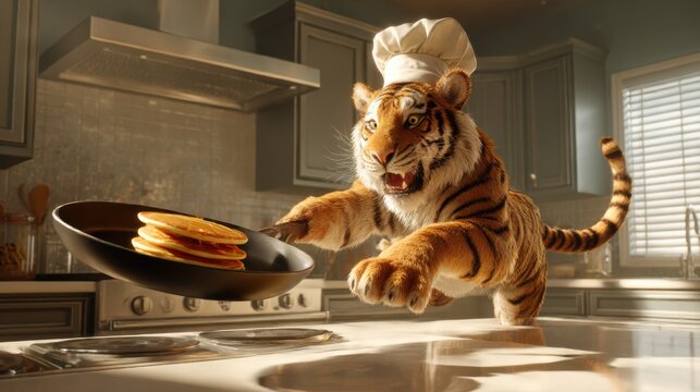 Realistic tiger wearing a chef hat flips pancakes in a kitchen Generative AI