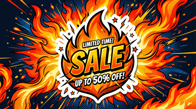 Vibrant sale advertisement with limited time offer and discounts up to fifty percent off on colorful fiery background