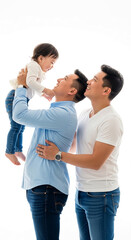 Fototapeta premium Joyful family portrait with two adult males and a child, signifying love, togetherness, and happiness, ideal for lifestyle and family themes