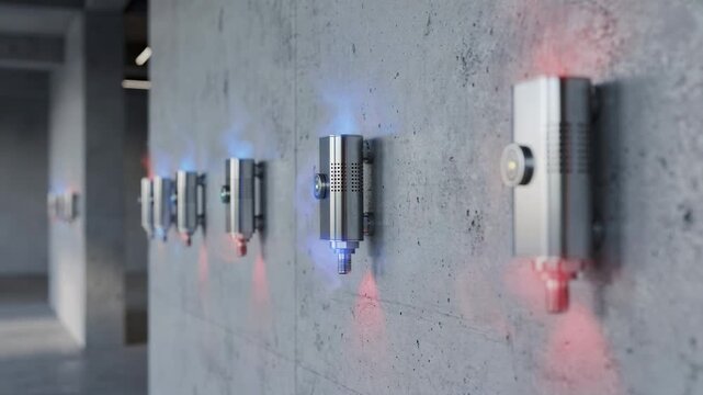 Medium shot focused on fixed sensor probes embedded in building walls detecting pressure changes and toxic gas presence emphasizing precision and stability in risk management
