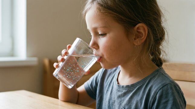 Child drinking water from glass containing microplastics. Environmental pollution and health risk concept. Tiny plastic particles in liquid supply. Ecological threat to human body.