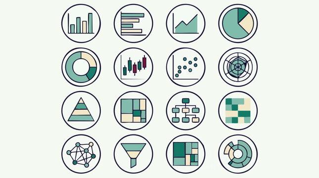 Set of diverse data visualization and analytics icons in line art style