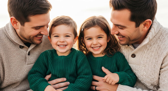 A happy family of four, with two fathers and two children, dressed in sweaters, sharing a joyful moment outdoors against a bright sky