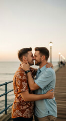 Obraz premium Two men embracing on a pier at sunset, symbolizing love, connection, and romantic affection, ideal for lifestyle or relationship themes