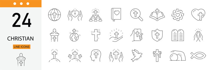 Obraz premium Christian icons set representing faith, worship, prayer, church, spirituality, religious traditions, biblical teachings and Christian beliefs. Editable Stroke