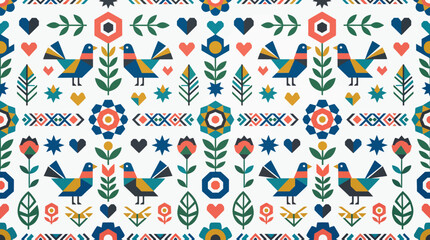 Colorful folk art pattern featuring birds and floral motifs on a white background for textiles and design.