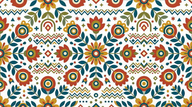 Vibrant floral geometric pattern featuring sunflowers, leaves, and decorative motifs in bold colors.