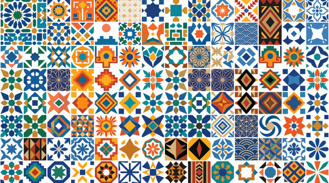 Colorful geometric tile mosaic collage with intricate tessellated patterns and vibrant ornamentation.