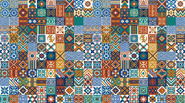 Colorful Mosaic Tile Patchwork with Rich Geometric Patterns and Tessellated Design.