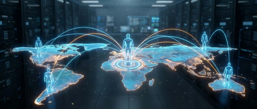 Global network of people connecting across world map showing digital communication and international business relationships in server room.