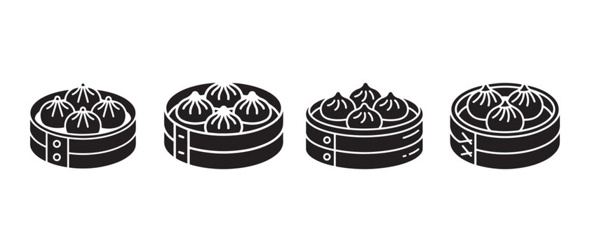Set of bamboo steamer baskets with dim sum dumplings isolated on a white background in flat style.