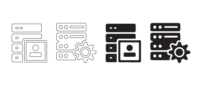 Set of server and user profile icons with gear settings in outline and solid black styles on white background.