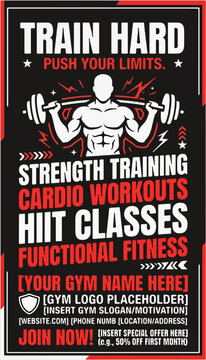 Gym Fitness Poster Template &mdash; Bold Motivational Workout Training Black Red White Typography Exercise Design