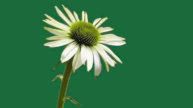 White echinacea coneflower flower blooming on green screen background
