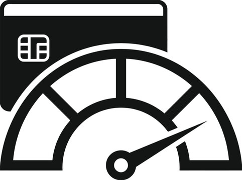 Credit score icon displaying a black credit card and a speedometer with a needle indicating a good score.