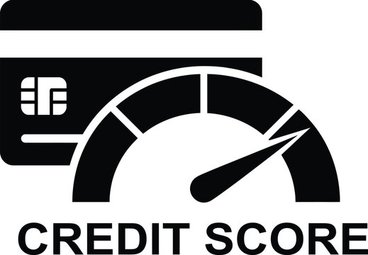 Credit score icon showing a solid black credit card and a speedometer with a needle indicating a high score.