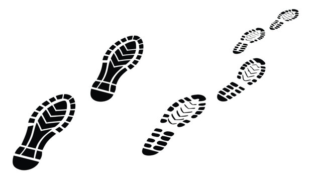Vector illustration of black shoe sole footprints walking across a white surface background with footprints