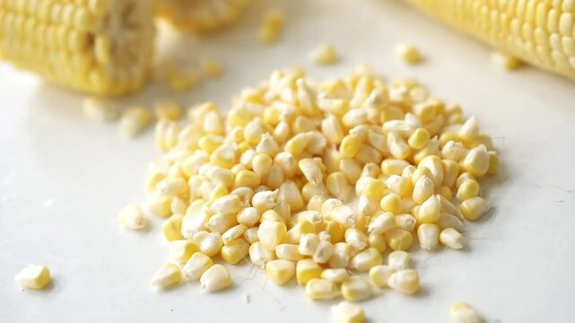 Fresh yellow sweet corn cut into sections with loose kernels scattered on a white surface, showcasing a natural and nutritious ingredient ready for cooking or consumption.