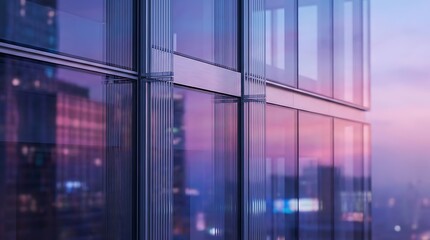 Modern glass building exterior with purple and pink sunset sky reflections, urban architectural detail, contemporary office facade, city skyline blurred background.