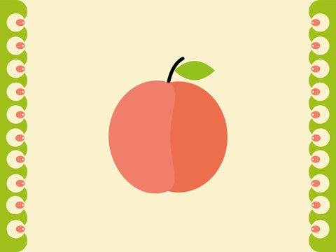 Simple illustration of a ripe peach with a green leaf and stem with decorative green borders