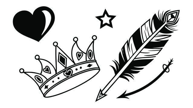 Vector illustration of decorative crown heart star and feather arrow design elements with decorative, elements