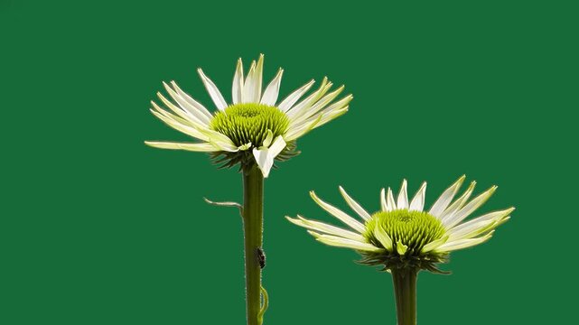 White echinacea coneflower flower blooming on green screen background