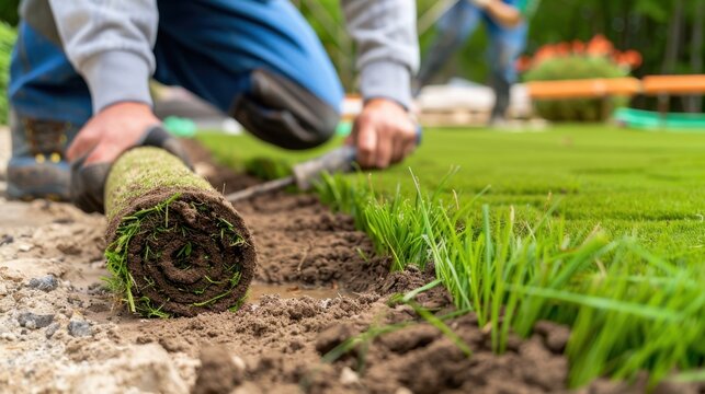 Professional Landscape Gardener Laying Fresh Turf Grass Roll on Well-Prepared Soil for Beautiful Lawn
