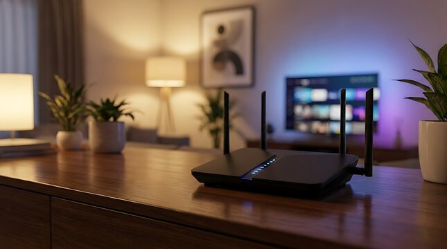 Modern wireless router placed on wooden surface in cozy home living room setting illuminated by soft interior lights and blurred television screen in background image.