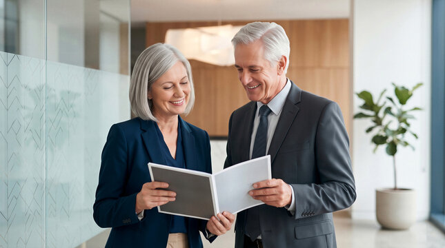 Smiling senior business people reviewing a document together in a modern office