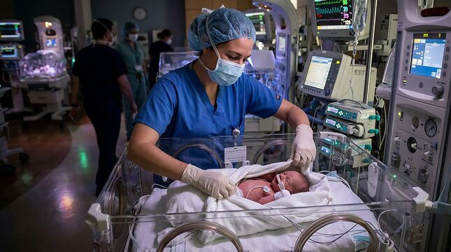 Neonatal intensive care unit nurse tending to premature newborn baby in incubator with medical equipment and monitors in a modern hospital NICU.