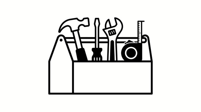 A toolbox with various tools inside and outside. Line art illustration.  Vector illustration. Isolated on a white background