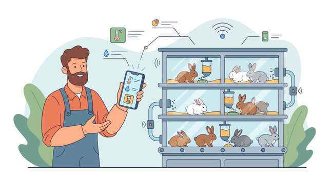 Smart Farming Concept with a Farmer Using a Mobile App to Monitor and Control an Automated Rabbit Hutch and Breeding System