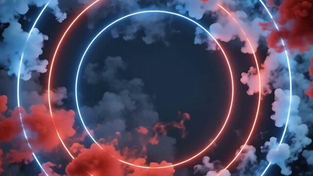 Neon Circle Frame Background with Clouds and Glowing Rings