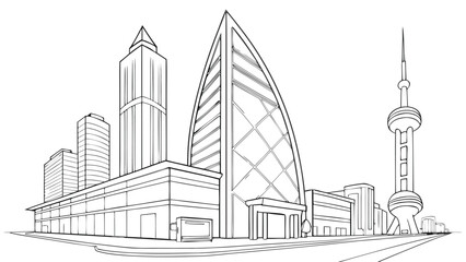 Fototapeta premium Vector illustration of modern city skyline with skyscrapers and landmark tower in linear style, architecture