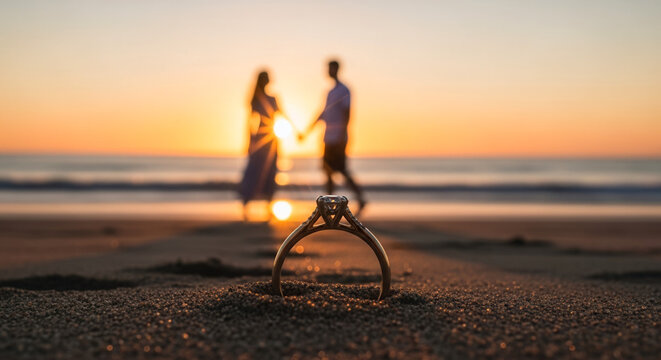 Gold diamond engagement ring in sand with couple walking on beach at sunset, proposal and commitment for a future together