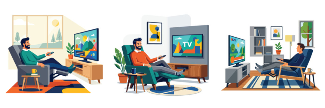 Man relaxing on recliner chair watching television in modern living room with abstract artwork and plants