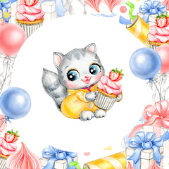 Fototapeta premium Watercolor square frame for children's birthday with a cute cat. Handmade illustration for postcards, stickers, booklets