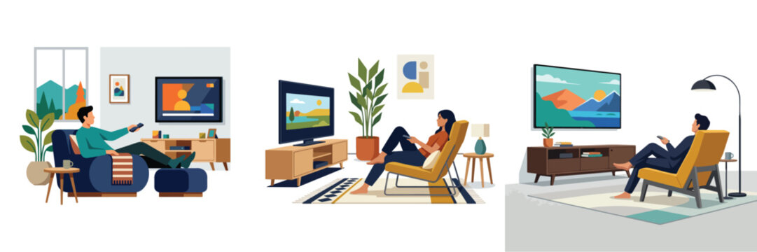 Illustrations depicting the concept of comfortable modern living people relaxing at home, enjoying diverse digital entertainment on contemporary televisions in serene and cozy settings