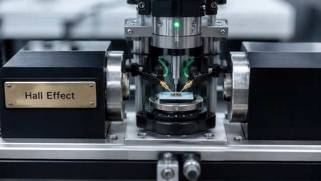 Hall effect testing device in a laboratory setting conducting measurements on a sample